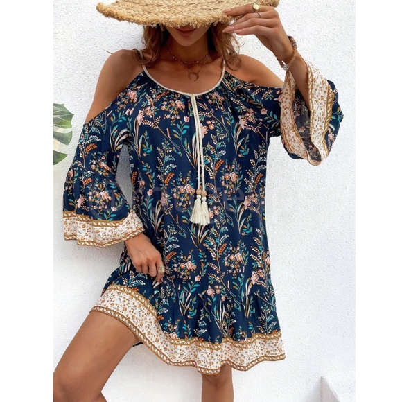 Navy Blue Cold Shoulder Tassel Detail Loose Fitting Mini Dress Short Floral - Picture 3 of 11